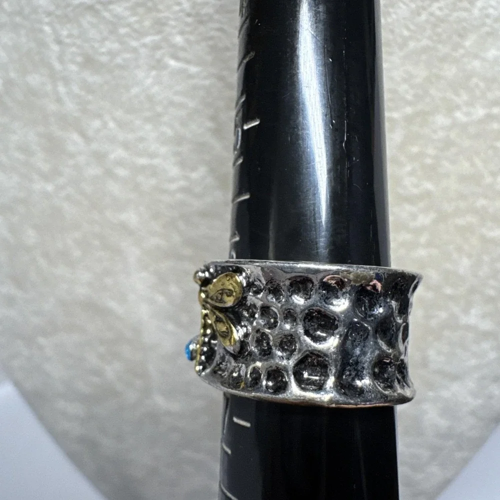 Vtg‎ Boho Stone Inlaid Ring Wide Hammered Band  Blue Stone Size 6 Sterling 925